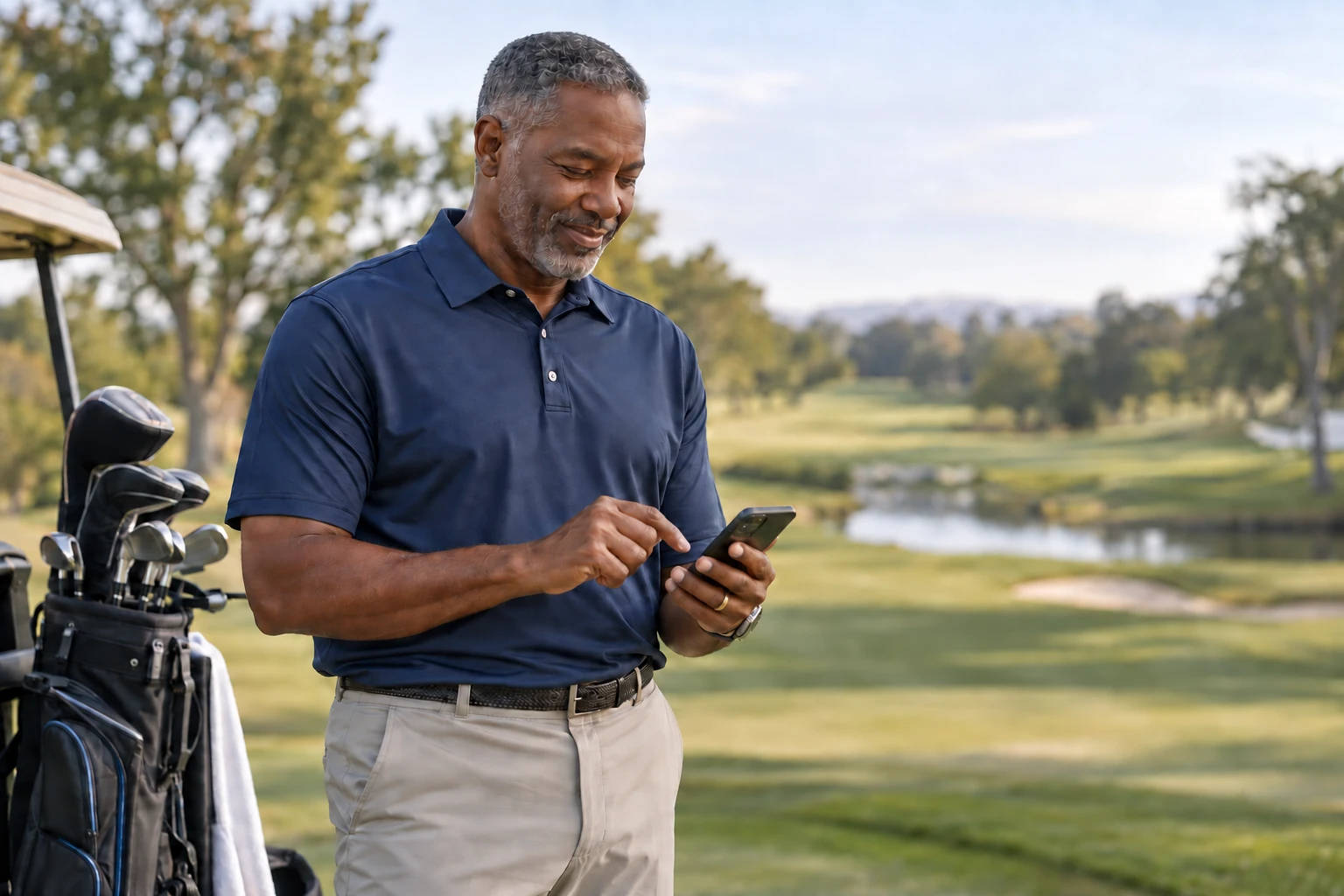 A man in a navy polo smiling while tapping a phone beside a golf cart on a sunny course.