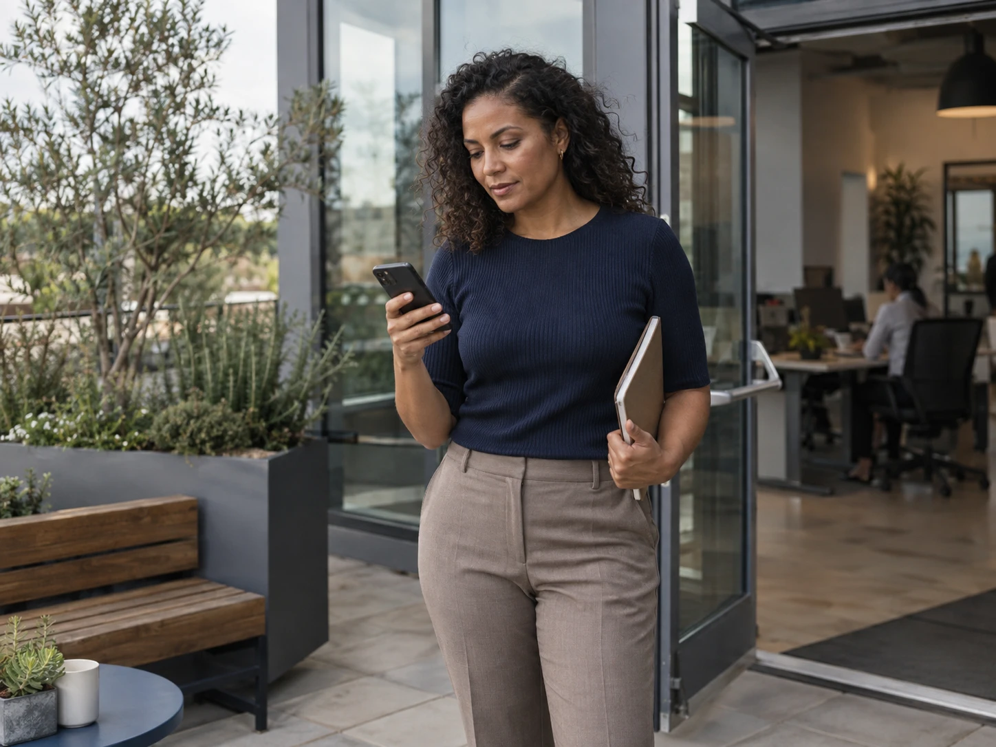 A finance lead stepping out onto an office terrace, glancing at her phone.
