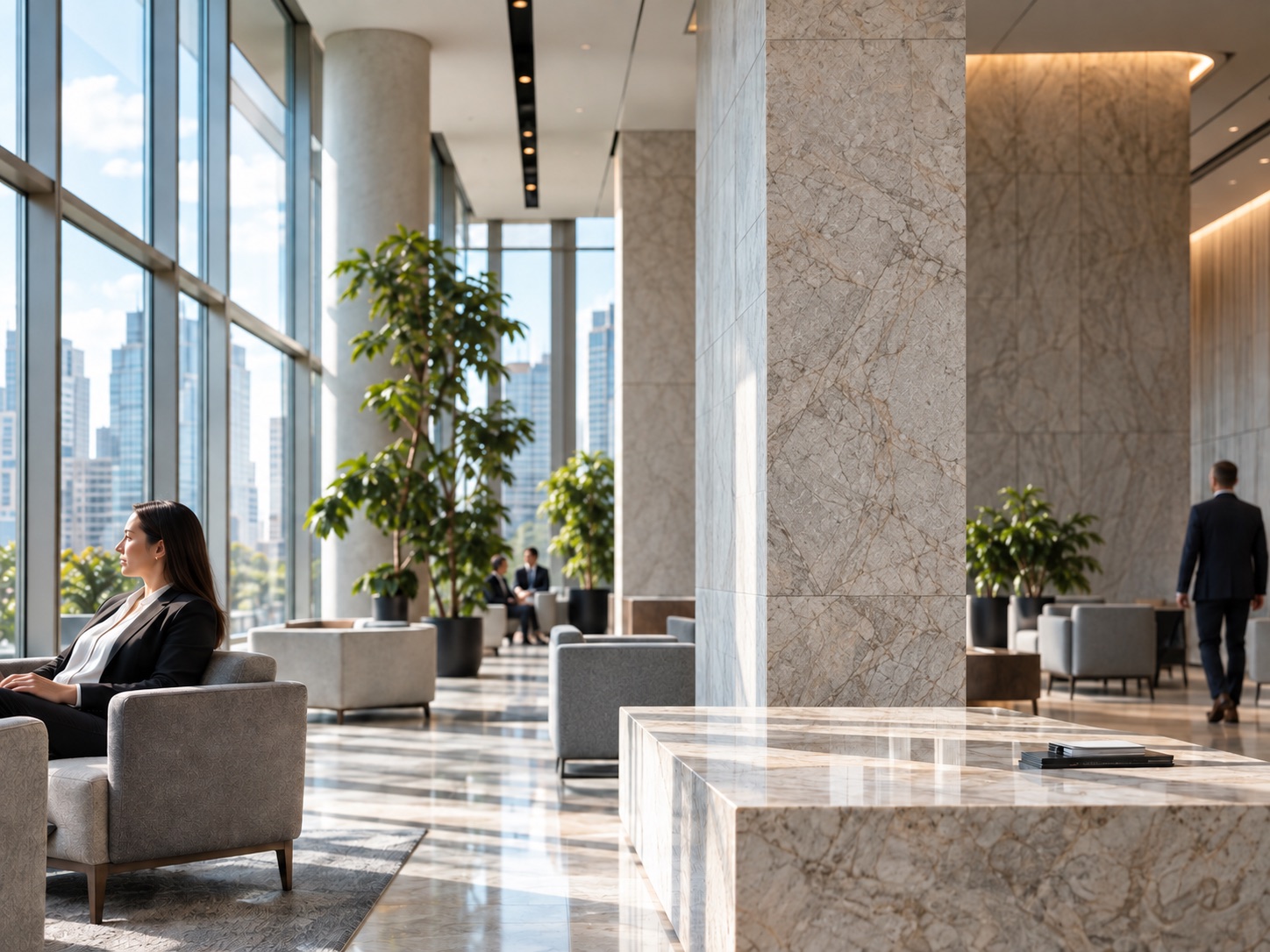 A woman in a dark blazer relaxing in a bright, glass-walled office lobby, looking out the window.
