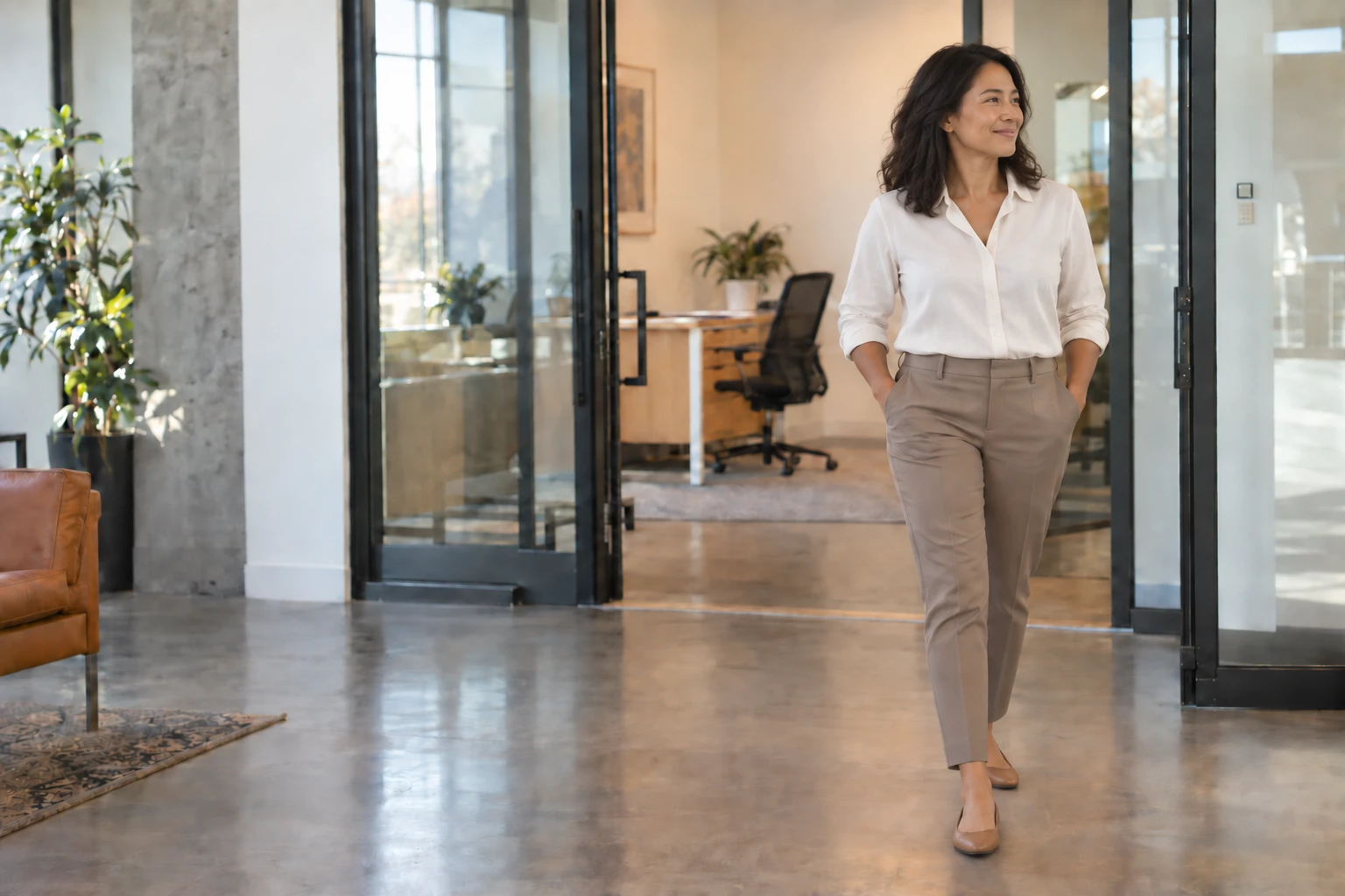 A woman in a white shirt walking through a bright, glass-walled office, smiling.
